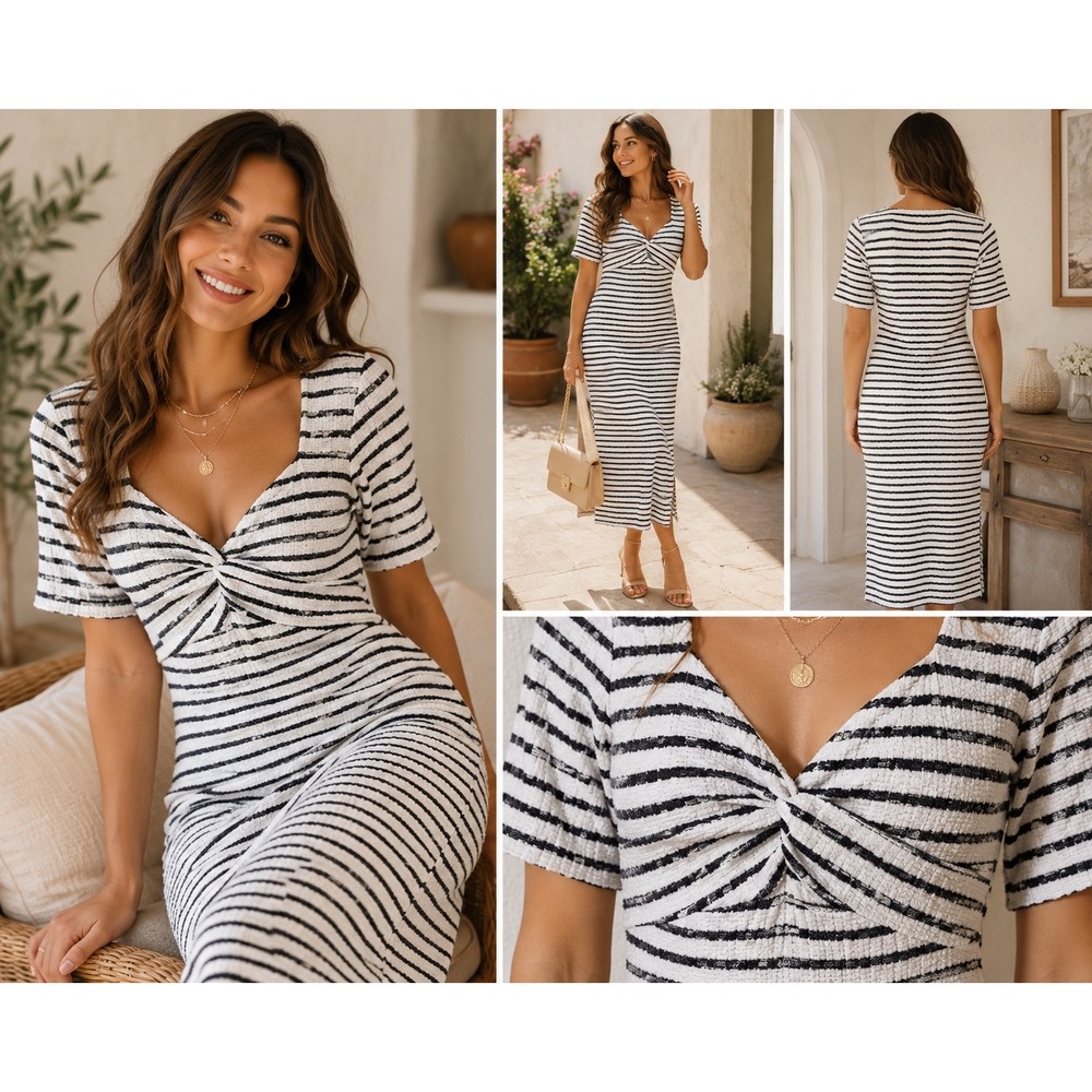 Illa Illa Striped Twist Front Midi Dress Black White Seersucker Bodycon Medium